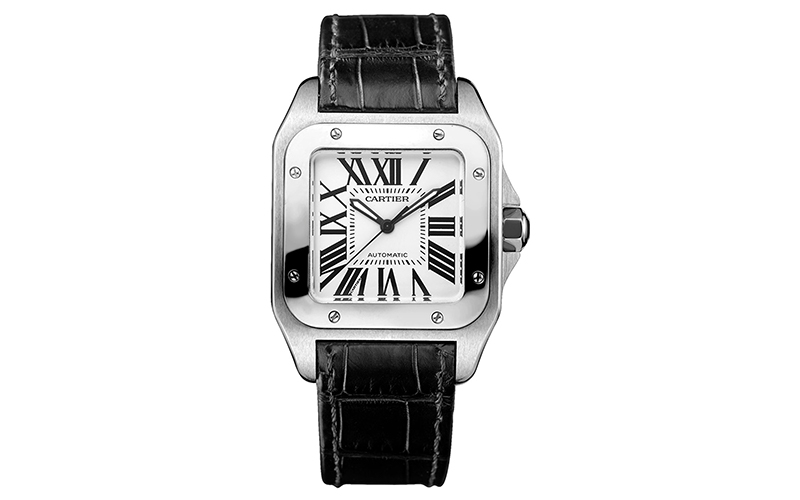 Cartier Santos 100 2656 Automatic Steel case Leather bracelet Men's watch/Unisex 049 caliber Sapphire Glass White dial Roman numerals Steel