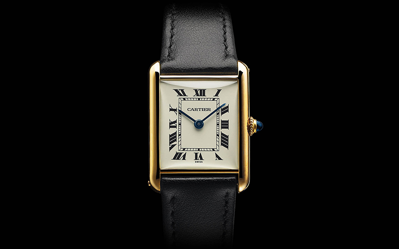 Cartier Tank Française 1821 Quartz Yellow gold case Leather bracelet Ladies' watch Sapphire Glass White dial Roman numerals 