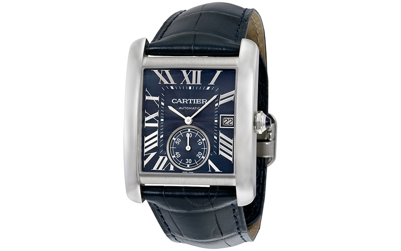 Cartier Tank MC WSTA0010 Automatic Steel case Crocodile skin bracelet Men's watch/Unisex Sapphire Glass blue dial Date