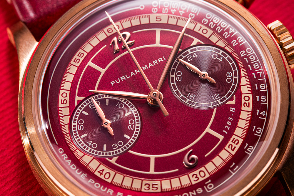 Close up on the dial of the Furlan Marri x Watches of Switzerland Bronzo Rosso