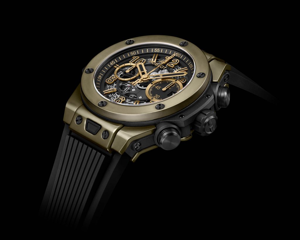 Gold and ceramic case watch with skeleton dial