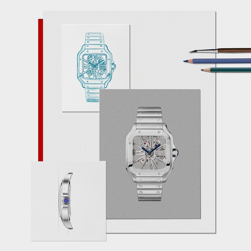 Sketch and image of a square skeleton watch