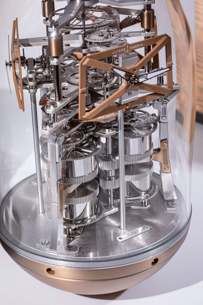 Full view of the mechanical movement inside the UFO clock 