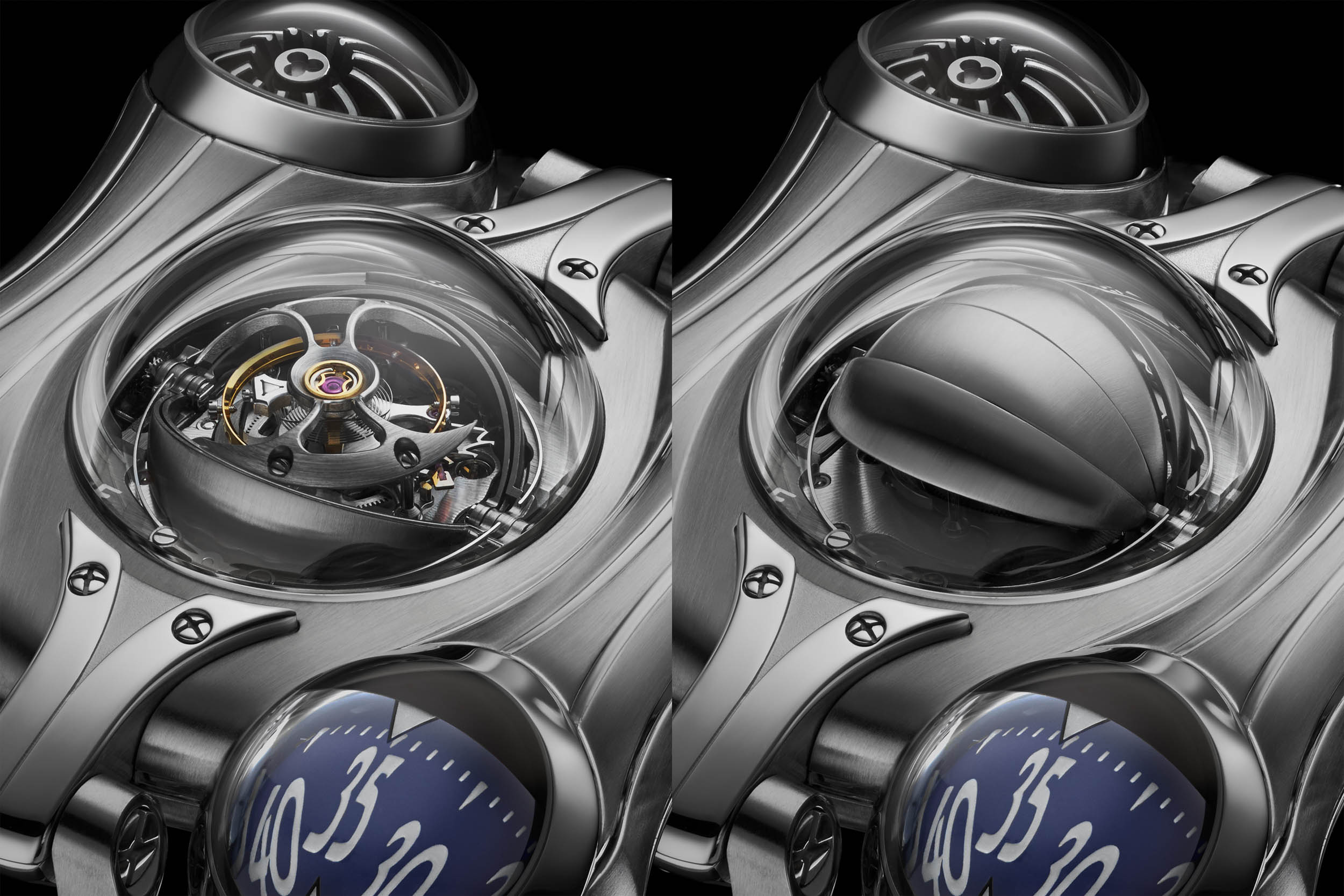 60-SECOND FLYING TOURBILLON The choice of such a sophisticated regulator was dictated by the restricted space under the crystal dome, which could not accommodate the upper supporting bridge of a standard balance wheel.