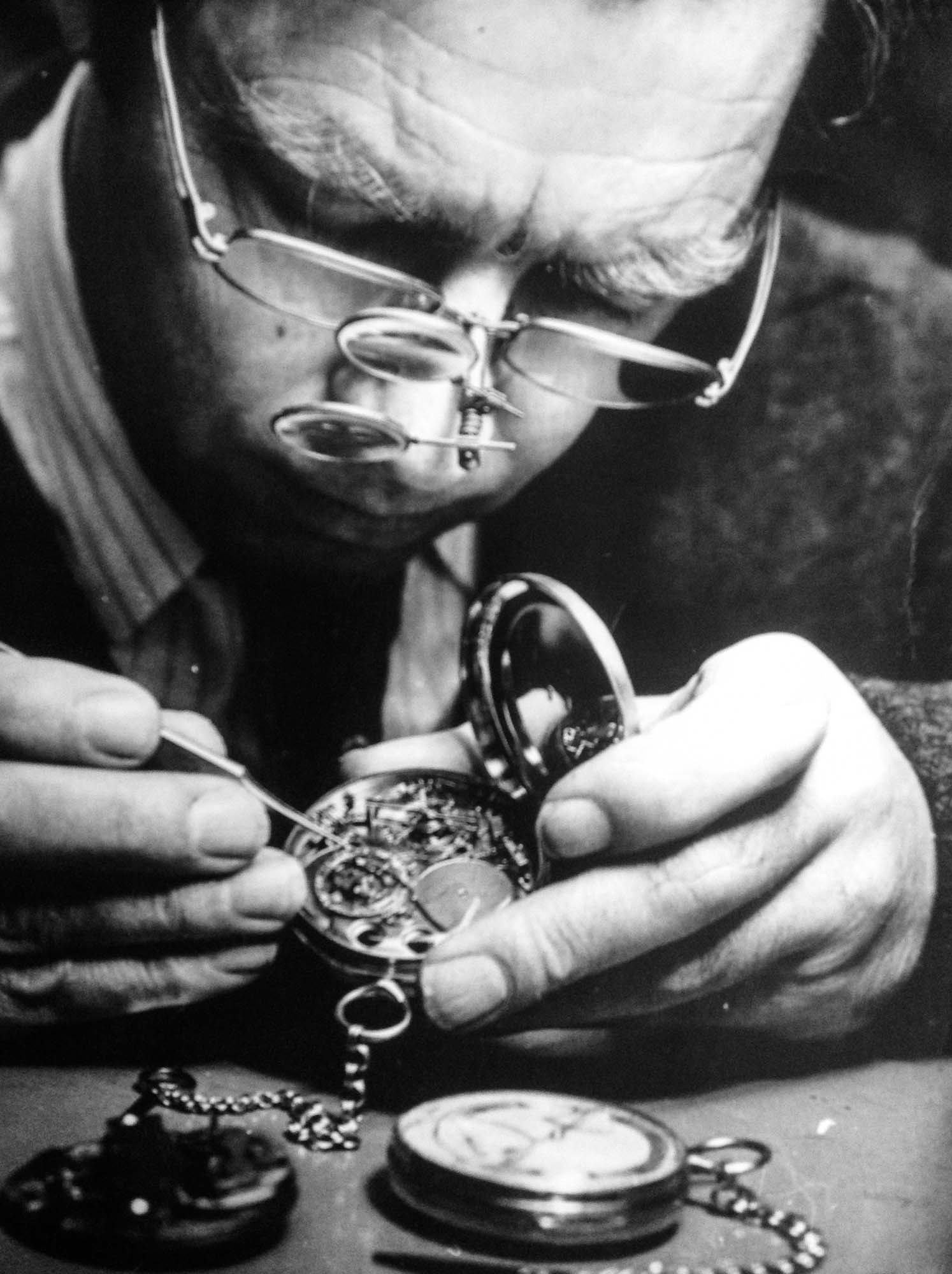 George Daniels with his first pocket watch made in 1952