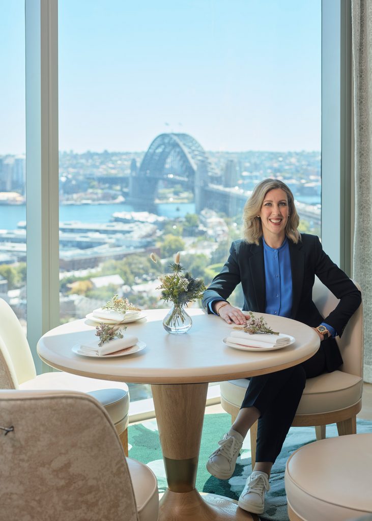 Chef Clare Smyth at Oncore restaurant with view of Sydney Harbour Bridge