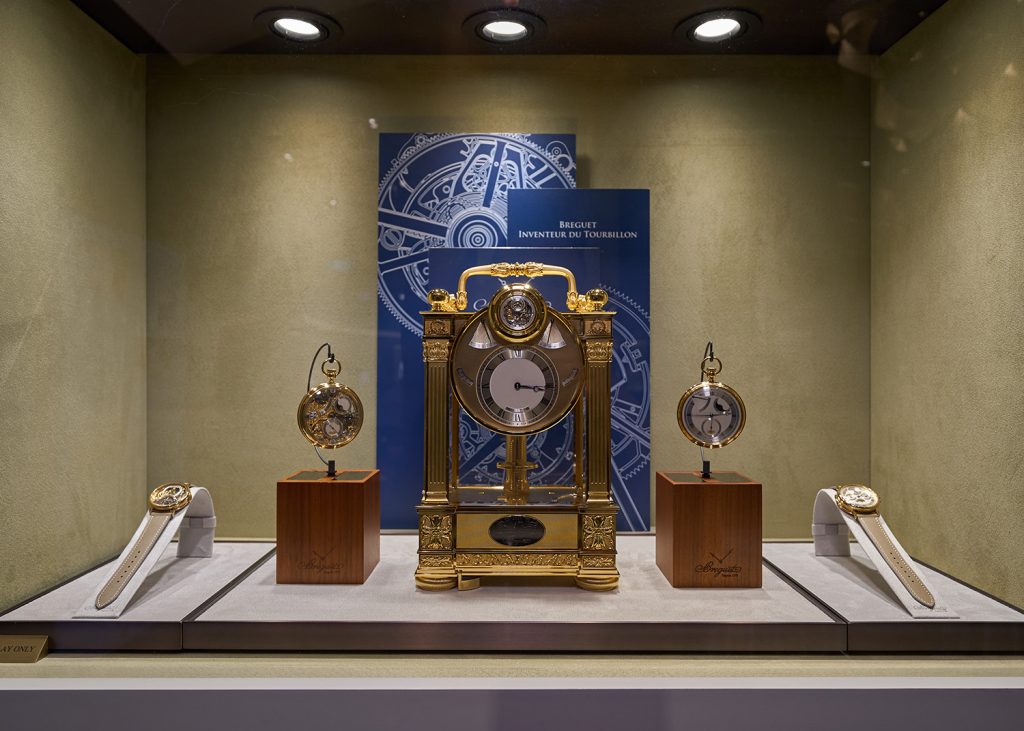 Rare Breguet Sympathique clock and subscription watch sets from a private collection also on display at the Breguet exhibition.