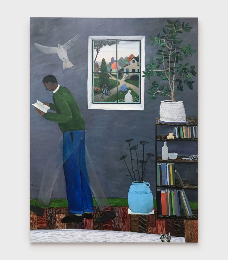Painting of man next to white window frame with grey wall. 