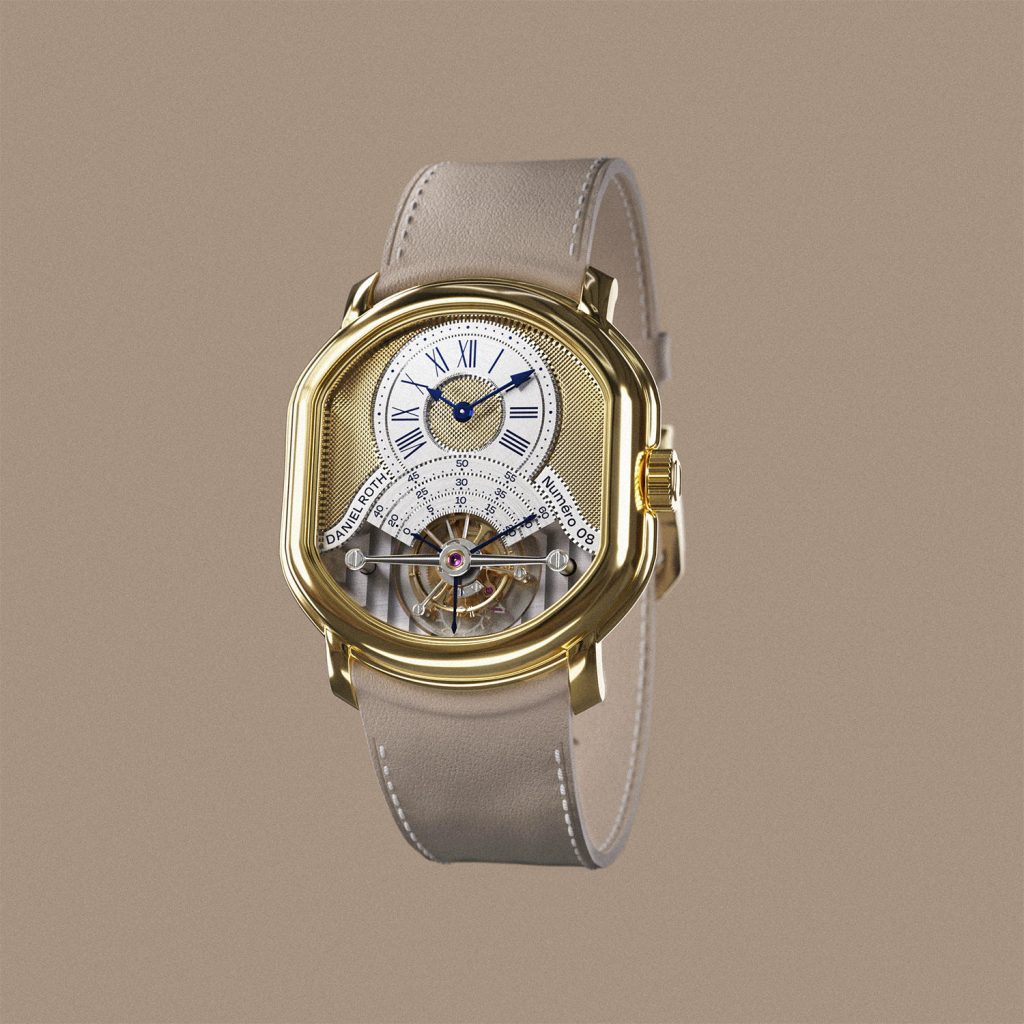 Gold "double ellipse" case watch with guilloche dial