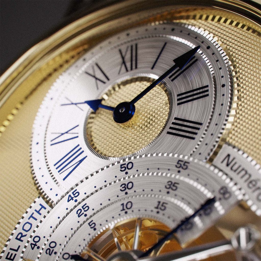 Close up of the solid gold guilloche dial