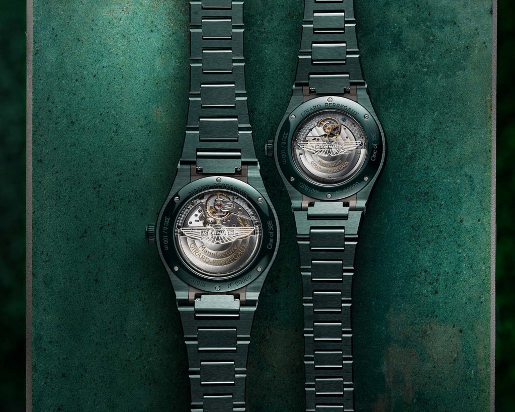 Display case back showing the movement inside the green ceramic watch
