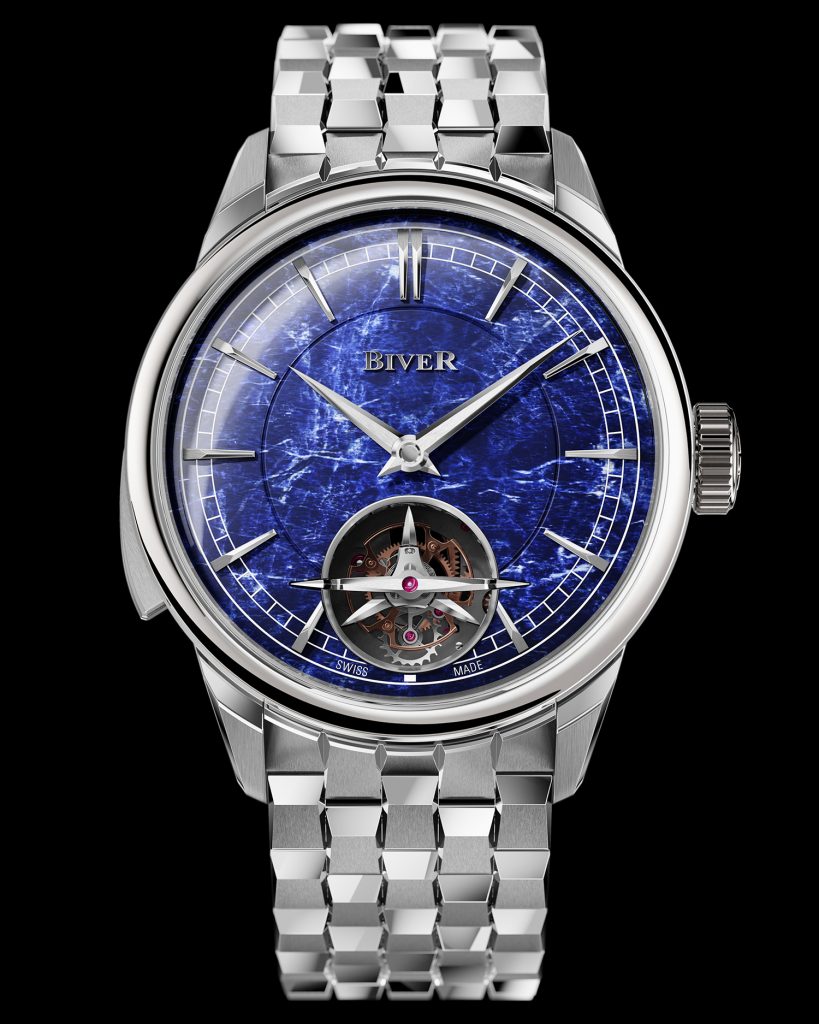 Watch with open tourbillon and sodalite dial