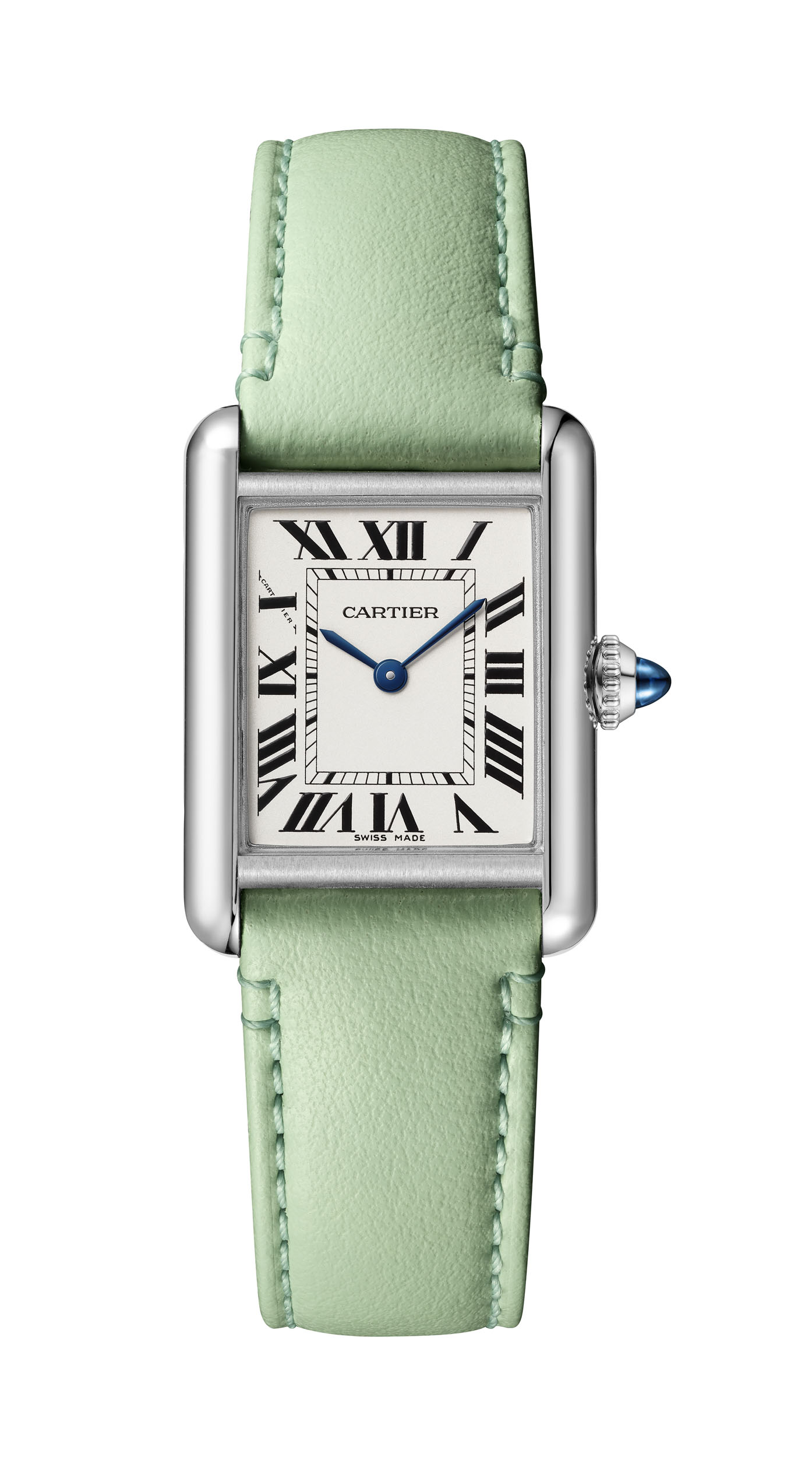 Steel Tank Must watch with light green non-leather strap SolarBeat photovoltaic movement. Image Credit: Cartier 