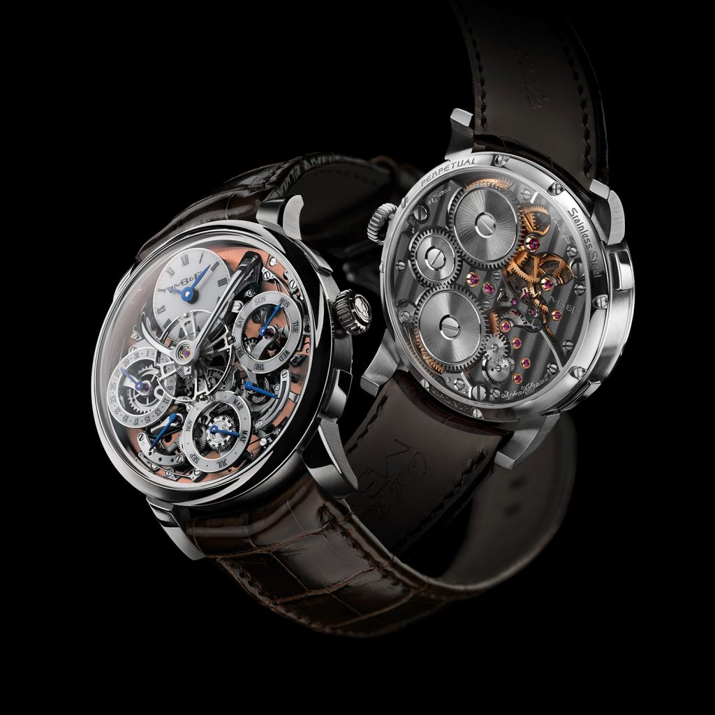 Front and back view of the MB&F Legacy Machine Perpetual in stainless steel