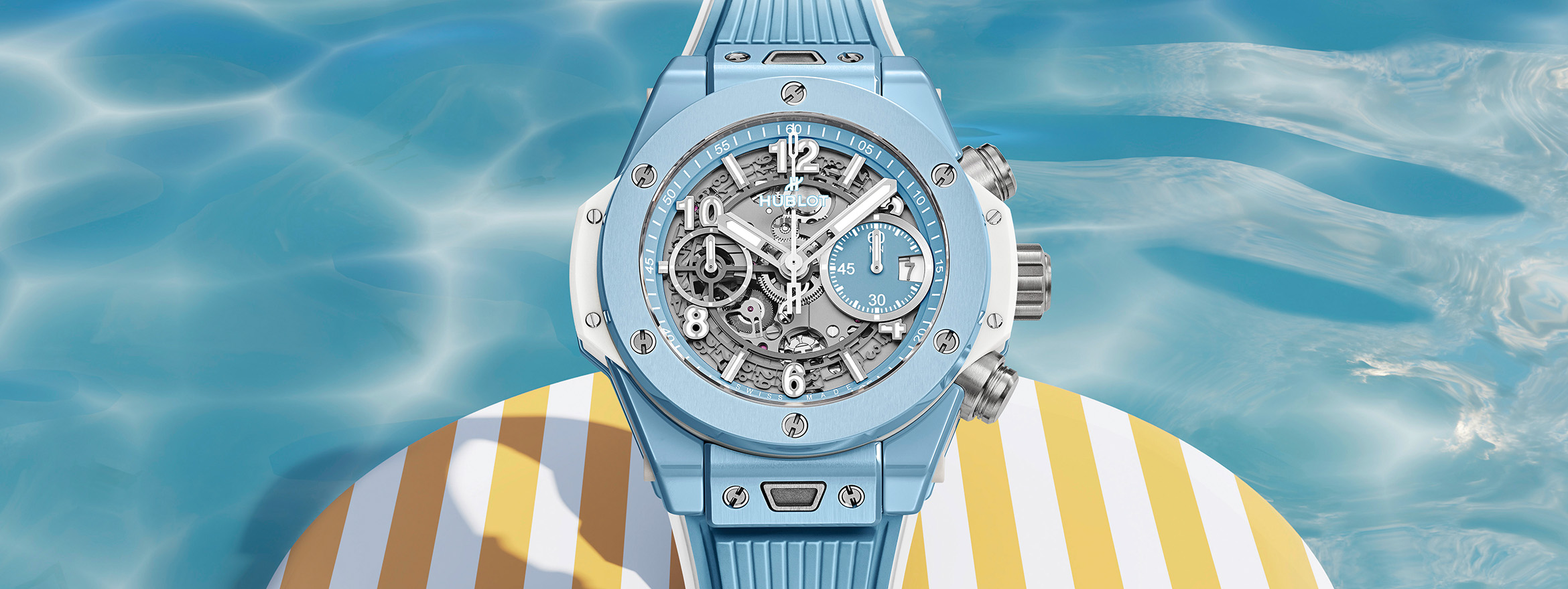 Herald In Summer with the Hublot Big Bang Unico in Sky Blue