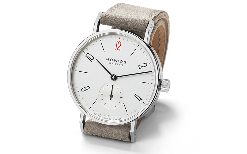 Nomos Tangente 33 Doctors Without Borders 123.S4 Manual winding Steel case Leather bracelet Manufakturkaliber α (Alpha) calibre 43 h power reserve Sapphire Glass White dial Arabic numerals Beige Display Back, Small Seconds
