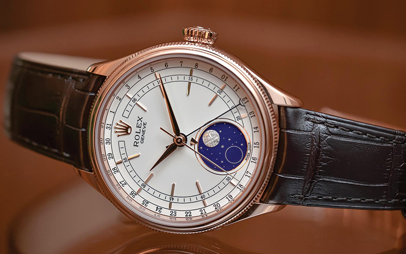 Rolex Geneve_Cellini Moonphase_50535_Automatic_Rose gold case_Crocodile Skin bracelet_Men's watch/unisex_White dial