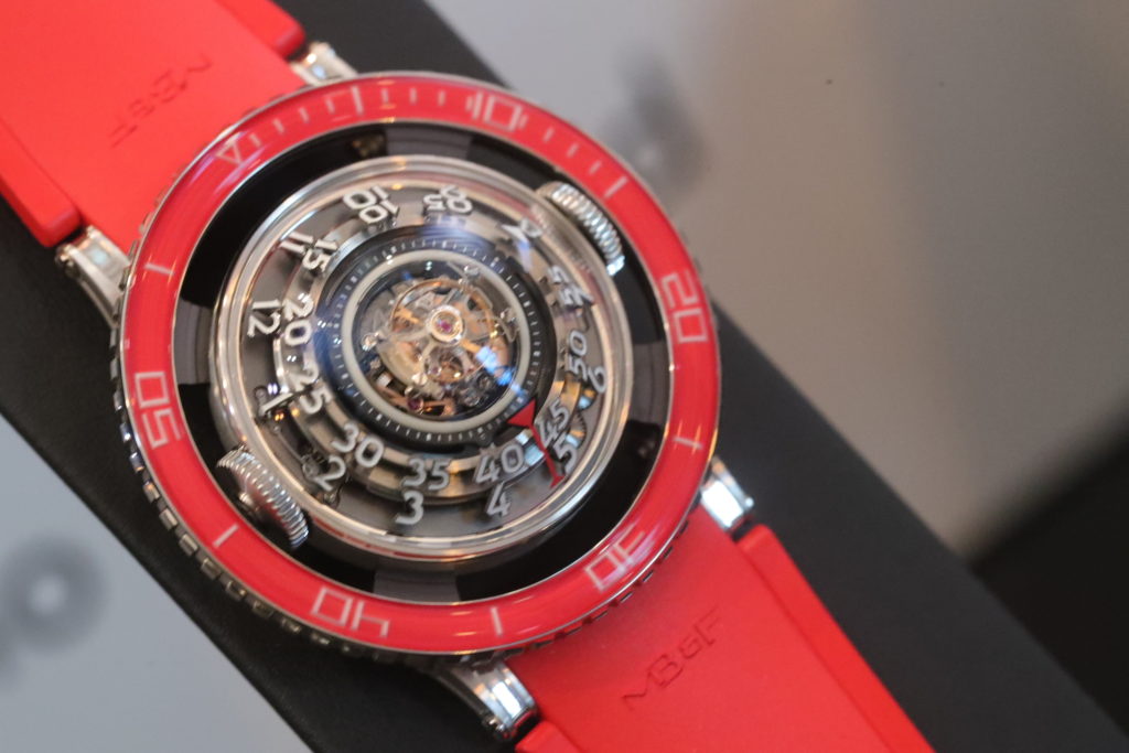 MB&F HM7 Aquapod Platinum Red watch fitted on matchinh red rubber strap