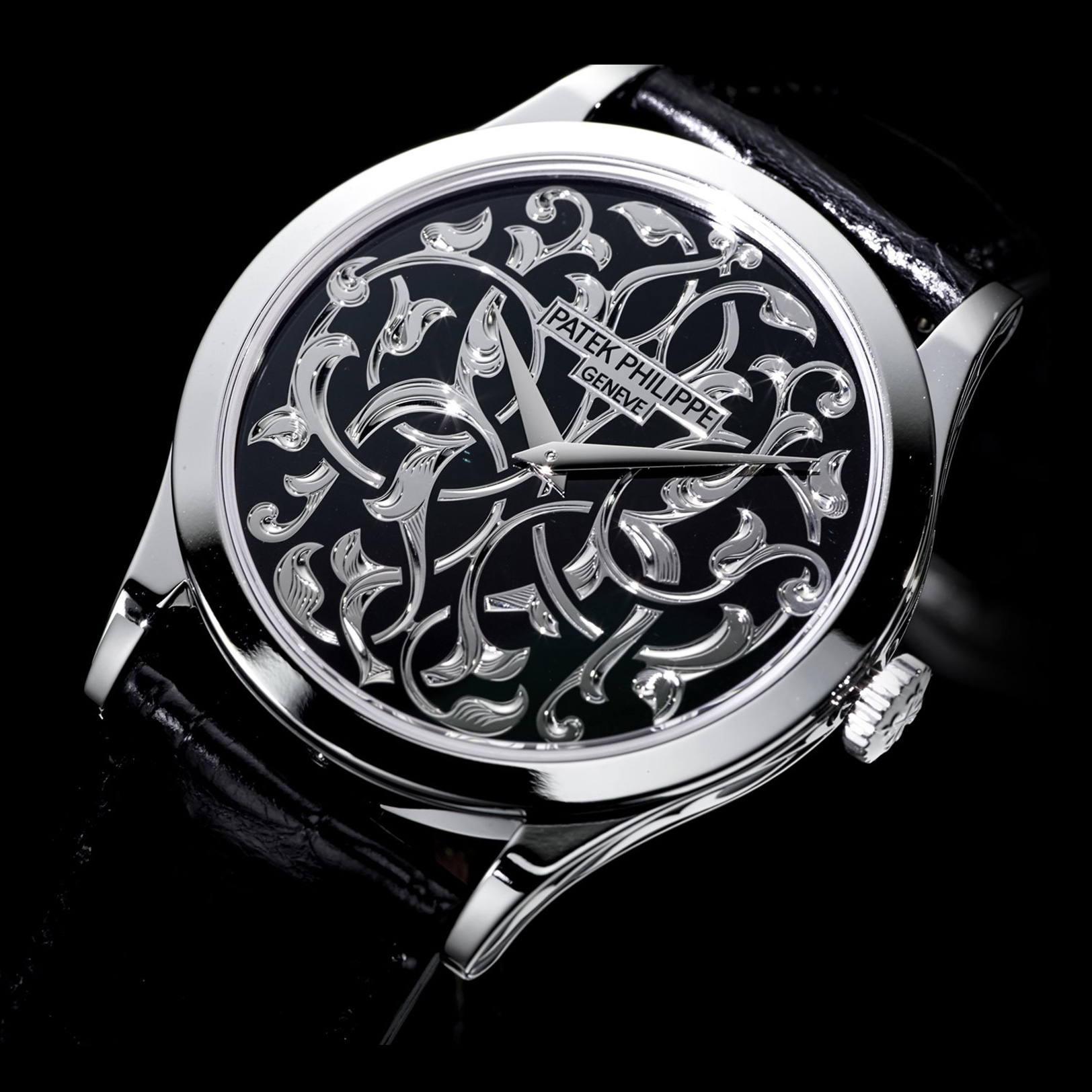 นาฬิกาปาเต็ก ฟิลิปป์ Calatrava Engraved Black Dial Platinum gallery 7