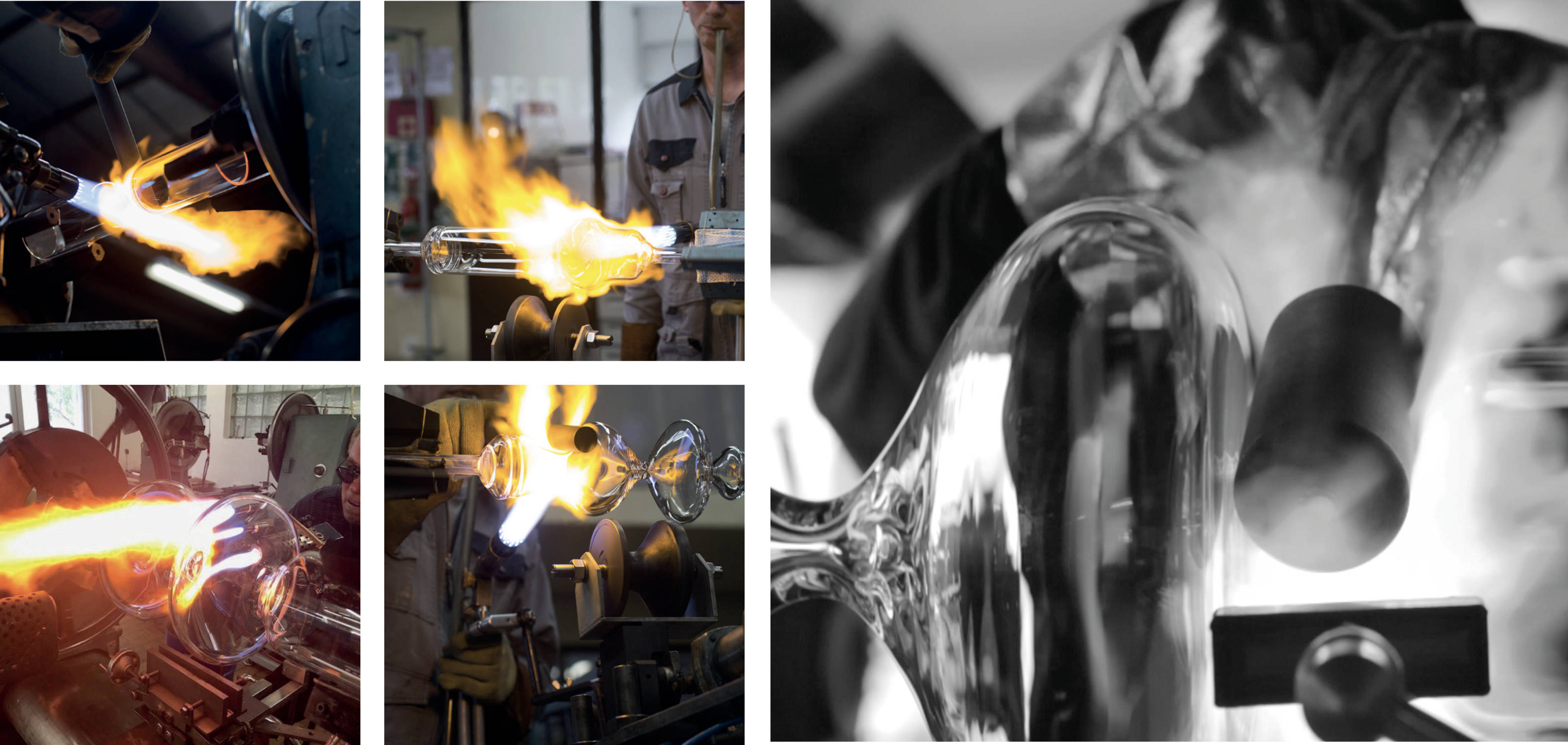 In the glassblowers workshop. Left: Blowing the 2 ampules. Right: Closing the 1st ampule.