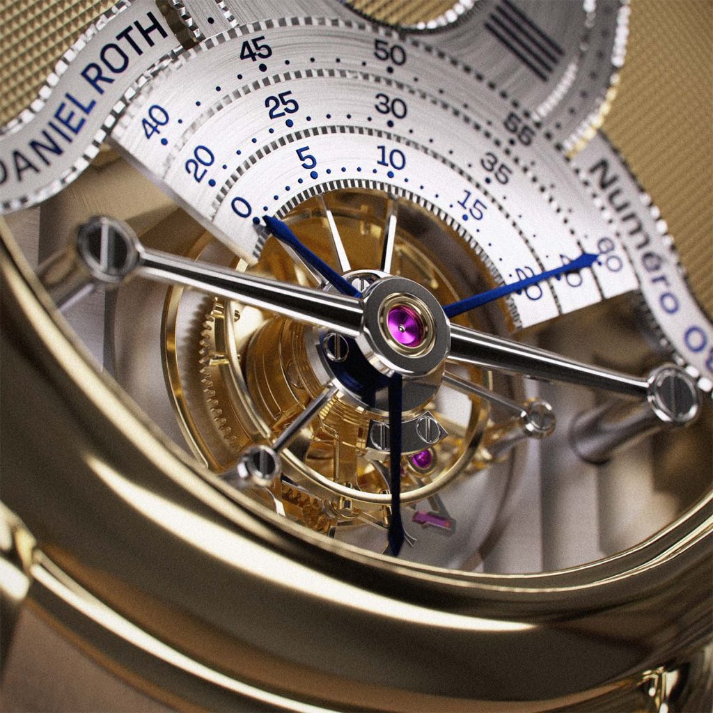Close up of the tourbillon cage and lower seconds hands