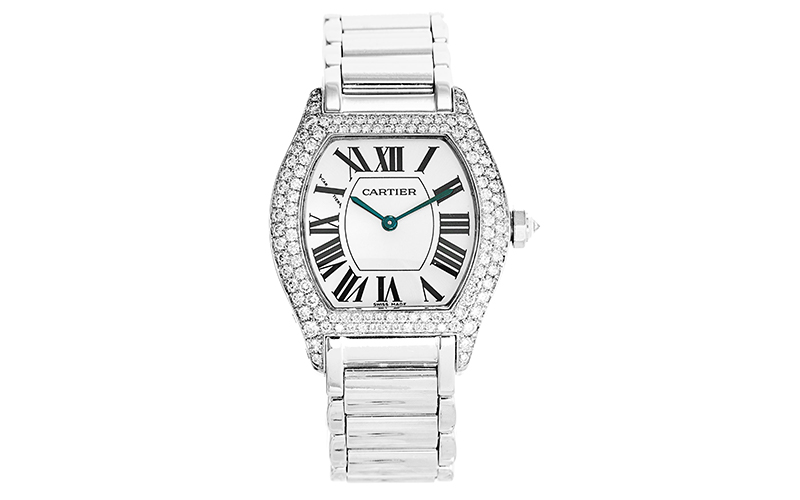 Cartier Tortue WA501011 Manual winding White gold case White gold bracelet Ladies' watch Mineral Glass Silver Roman numerals Fold clasp Guilloche Dial Blue Steel Hands