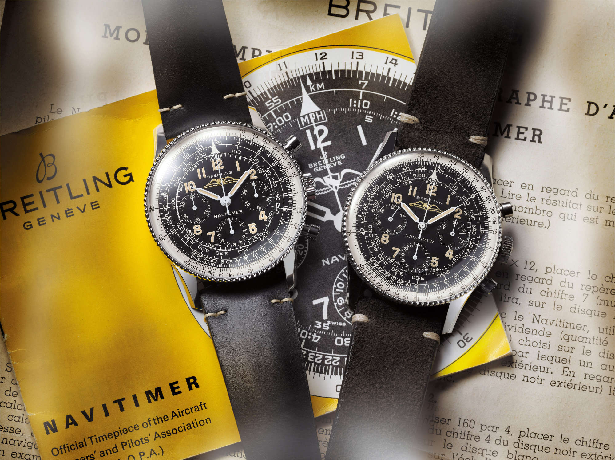 The Navitimer Ref. 806 1959 Re-Edition and, on the right, the original Ref. 806. Credit: Breitling