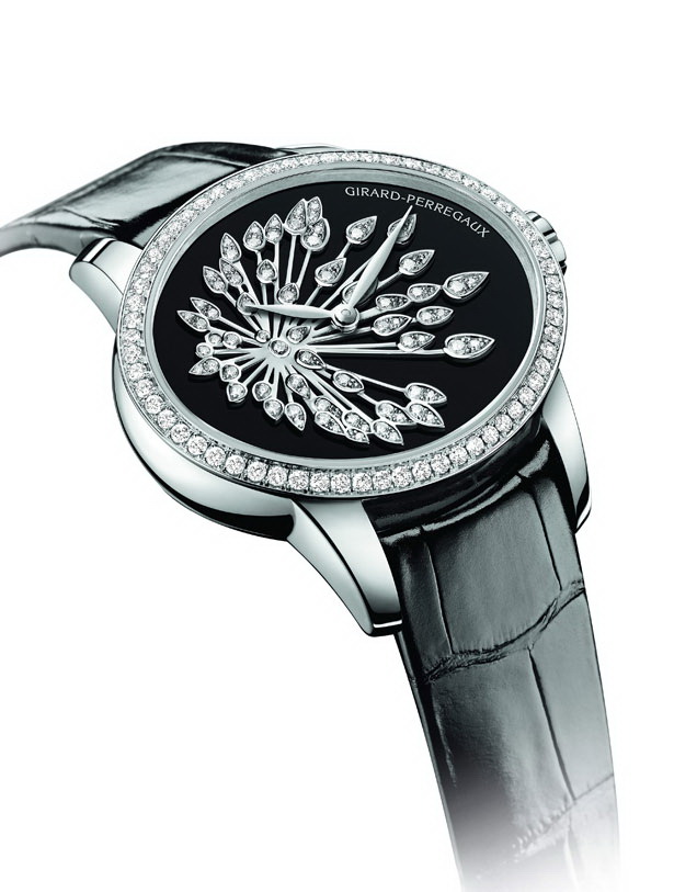 The black version of the Cat's Eye Anniversary watch features a hand-polished onyx dial and 73 brilliant-cut diamonds.