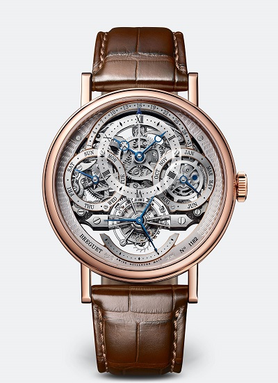 The Breguet Classique Complications 3795 Tourbillon Perpetual Calendar in rose gold with a finely fluted case band.