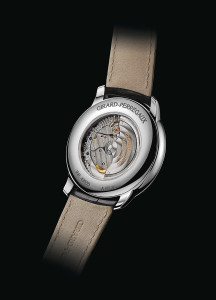 The sapphire case back reveals GP03300-0030 mechanical movement with automatic winding, designed, produced and assembled in the workshops of Girard-Perregaux at La Chaux-de-Fonds