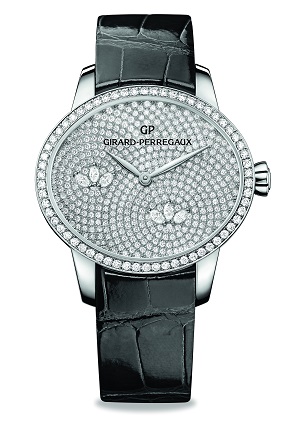 The Girard-Perregaux Cat’s Eye Jewellery entices in full-bloom effect of a diamond-encrusted dial with two lotus motifs beautifully set on the watch face. 
