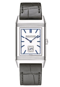 The Jaeger-LeCoultre Grande Reverso Ultra Thin has a silvered dial accented by blue hands.