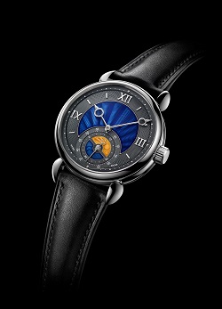 The Voutilainen GMT-6 is a dual time zone wristwatch in stainless steel distinguished by a blue and gold enamel dial.