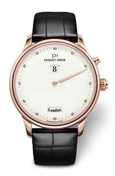 The Jaquet Droz Douze Villes (“Twelve Cities”) has just one hand and a central window where an Arabic numeral shows the home time. 