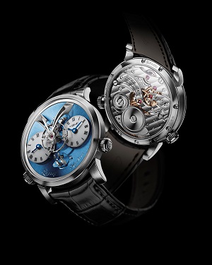The MB&F Legacy Machine 1 has a two in one movement – each fully independent from the other and each has its own crown so that the time can be set directly.