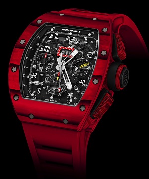 The Richard Mille RM011 Red TPT Quartz offers a blend of red TPT quartz composite and NTPT carbon with a chronograph movement that features an annual calendar.