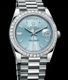 The new Rolex Day-Date 40 in platinum with hour markers in baguette diamonds and light blue dial for an understated contrast with the diamonds.