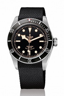 The Tudor Heritage Black Bay Black with its black bezel and a red triangle contrast nicely with the gold hands and inscriptions.
