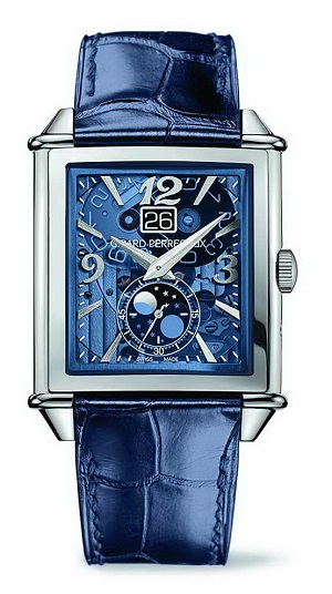The Girard-Perregaux Vintage 1945 XXL Large Date and Mon Phases has an Art Deco-inspired rectangular watch case.
