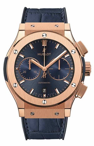 The Hublot Classic Fusion Blue Chronograph evokes a commanding presence in 45mm king gold case.