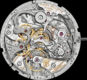 Patek Philippe Caliber 29-535 PS, a manual winding movement, note the winding mechanism on the right.