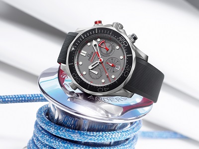 The Omega Seamaster Diver combines a countdown function with a legible grey dial with white and red hands and indices.