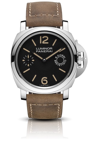 The Panerai Luminor Marina features a black dial with luminous Arabic numerals and hour markers with seconds at 9 o’clock.