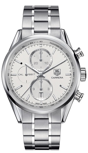 The TAG Heuer Carrera automatic chronograph gleams with its polished steel case, bezel and silver dial.