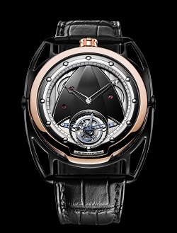 The De Bethune DB28T in black gold was designed with large spring-loaded lugs intended to help the case fit more comfortably on the wrist.